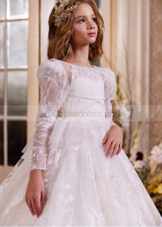 Long Sleeves Beaded Ivory Printed Tulle Flower Girl Dress